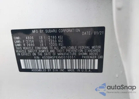 2021 Subaru Legacy Touring Xt from USA, damaged, VIN 4S3BWGP6XM3010551